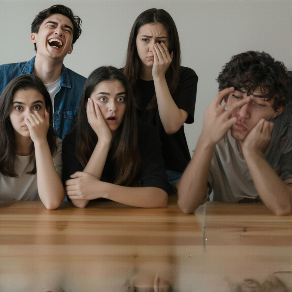 A group of three friends at a table: one laughing with head 