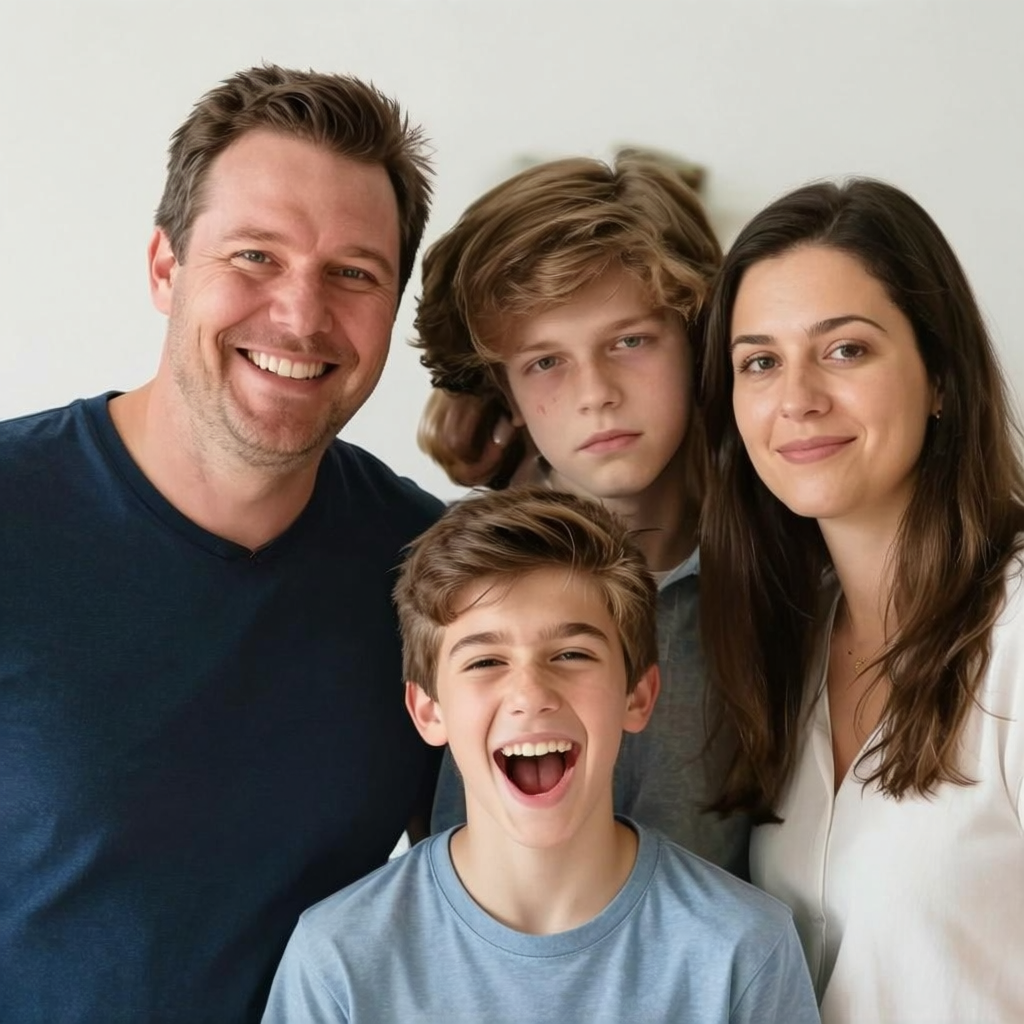 A family photo with four people: a father beaming with pride