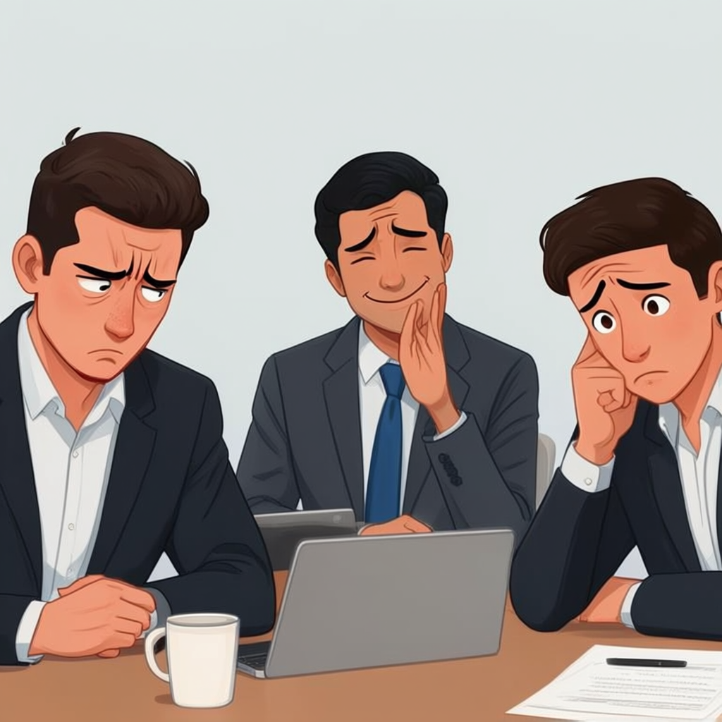 Three coworkers in a meeting: one looking frustrated with fu