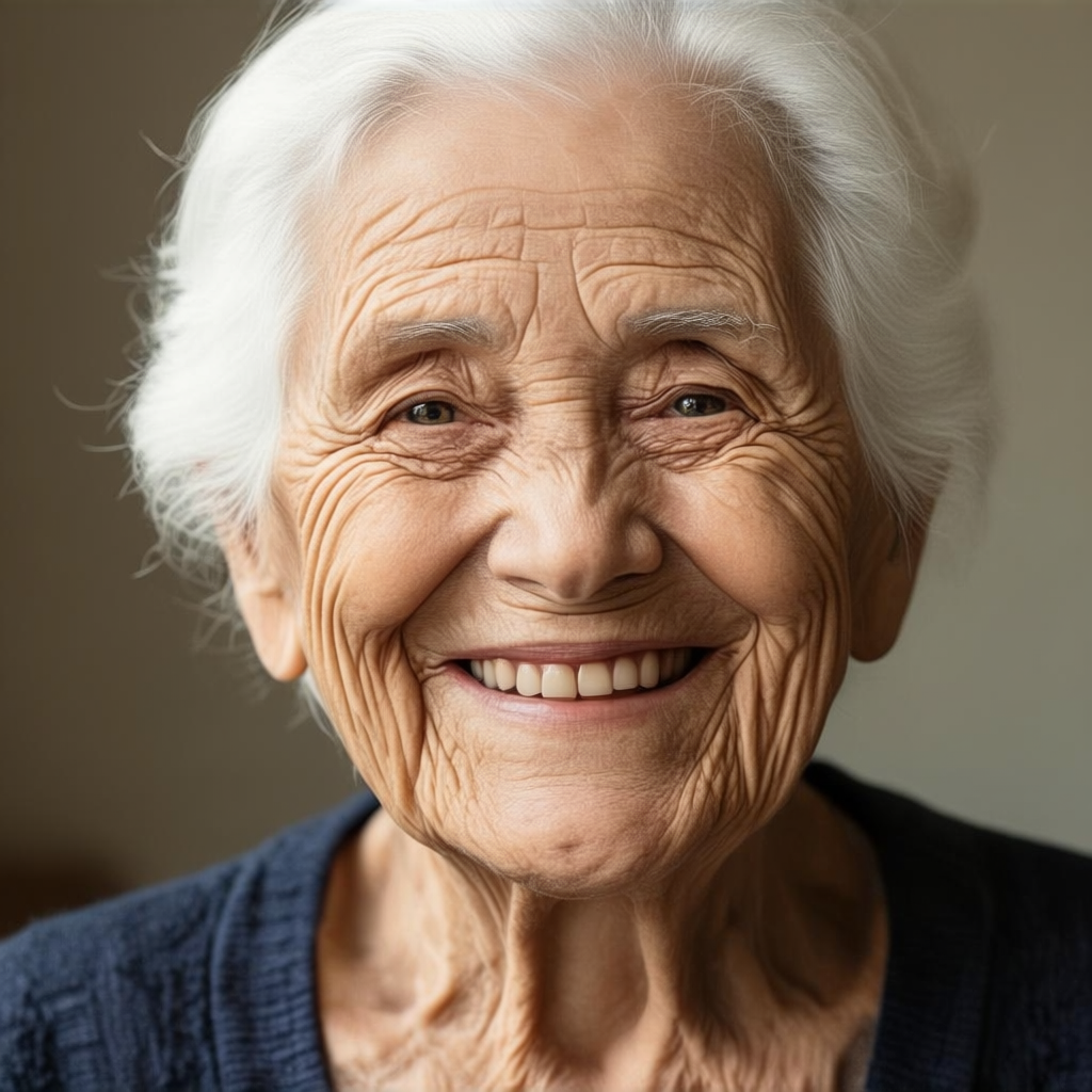 An elderly woman in her 80s with deep wrinkles and white hai