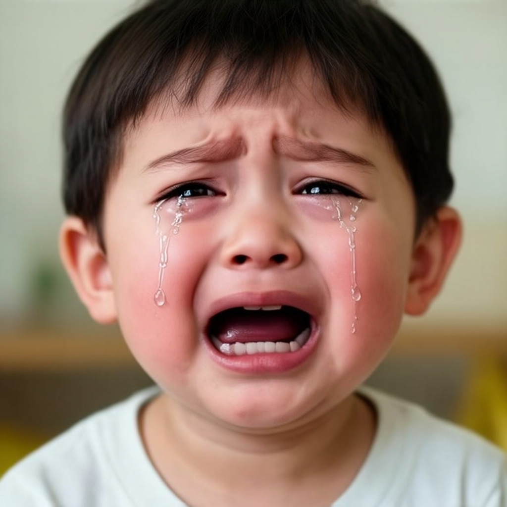 A 5-year-old child with round cheeks and large eyes, crying 