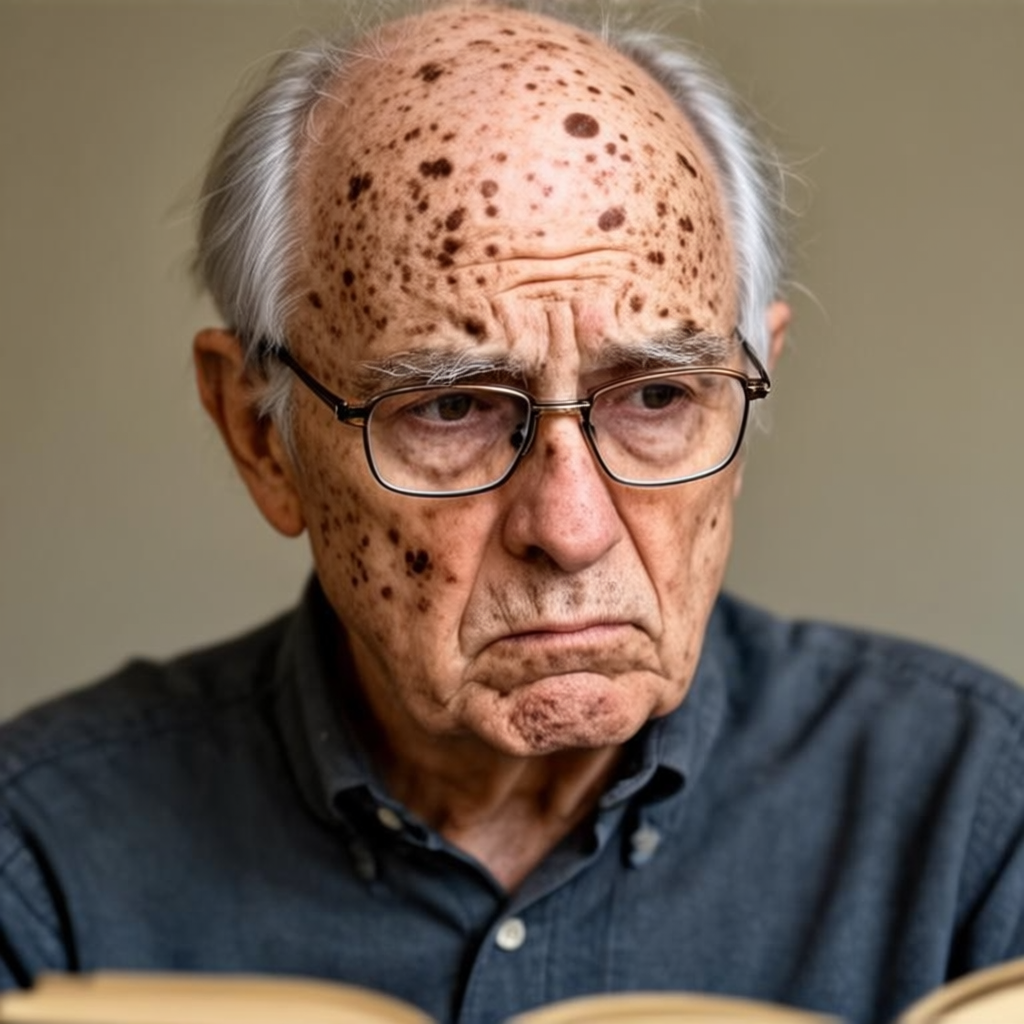 An elderly man in his 70s with age spots and thinning gray h