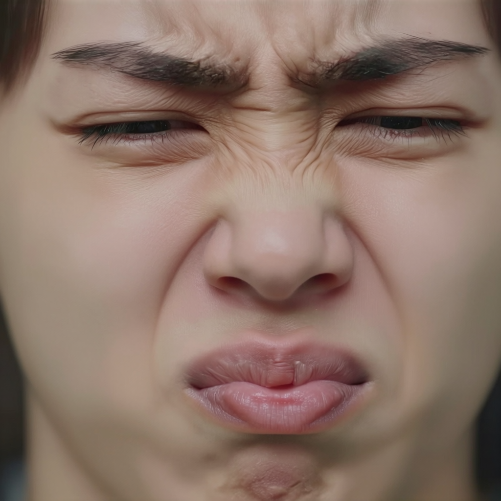 A close-up of a person's face showing clear disgust, nose wr