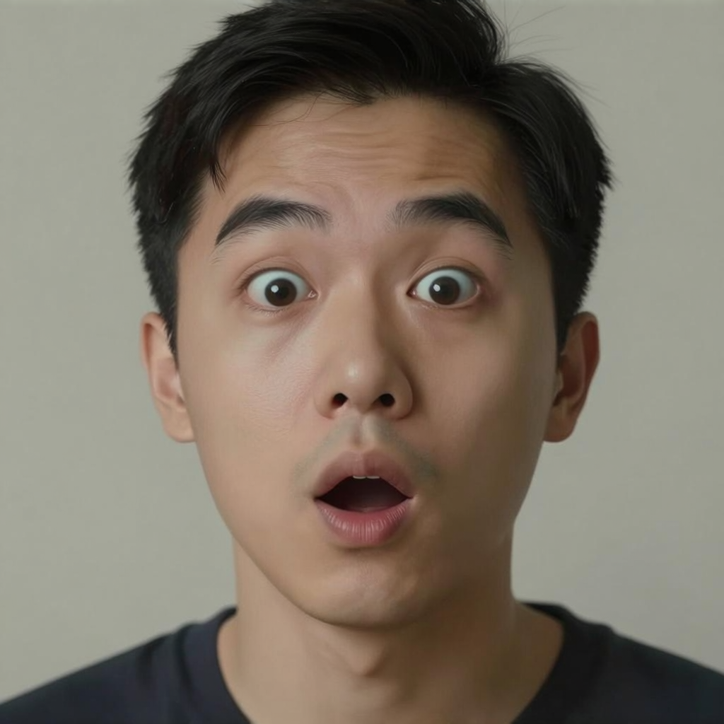 A portrait capturing genuine surprise — raised eyebrows, wid