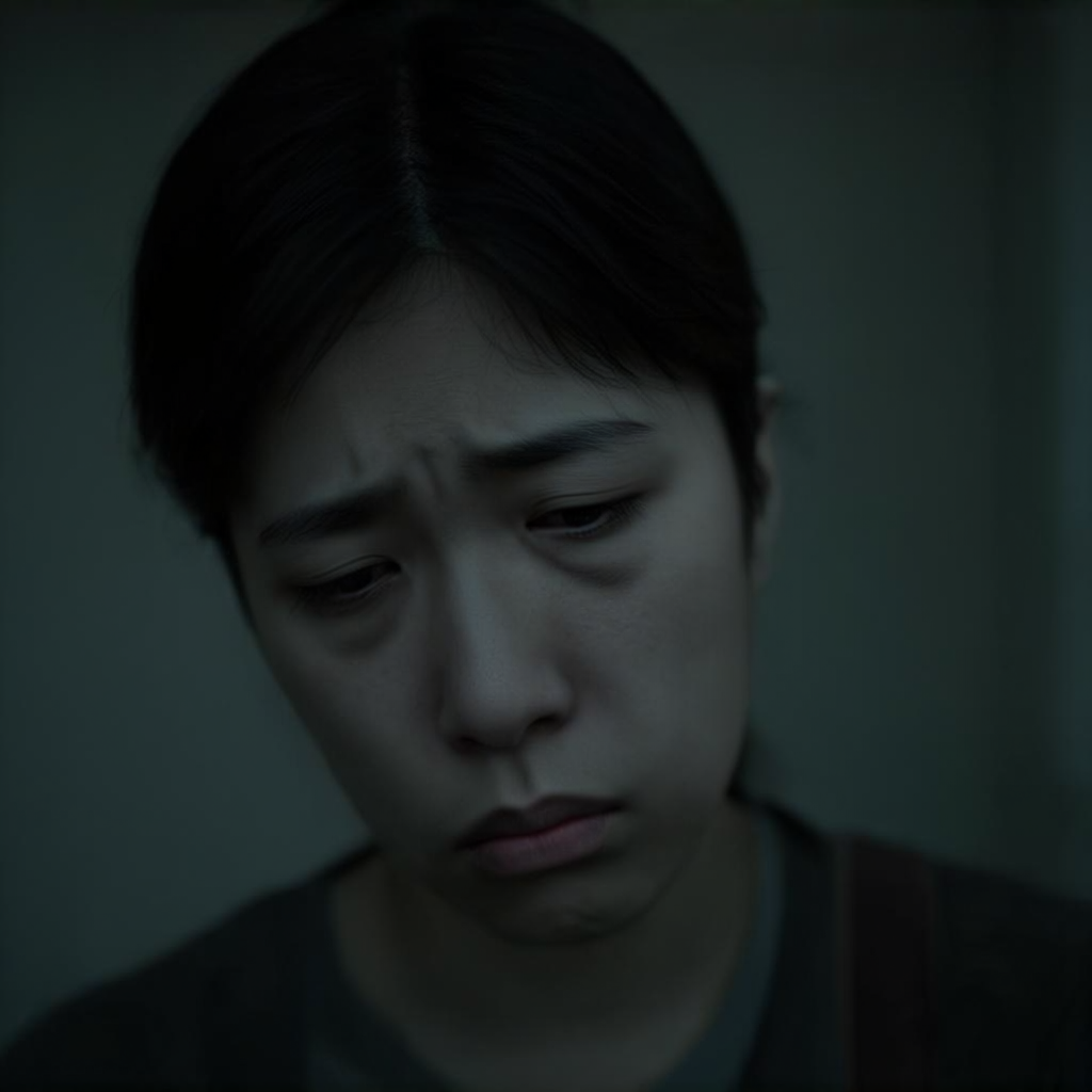 A face showing quiet melancholy — downcast eyes, slightly dr
