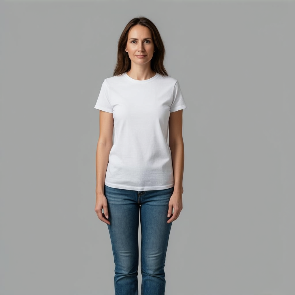 A woman standing upright in a relaxed pose, arms at her side