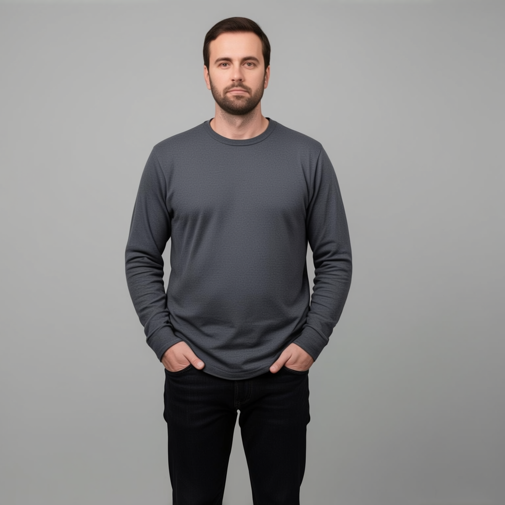 A man standing straight facing the camera, hands in pockets,