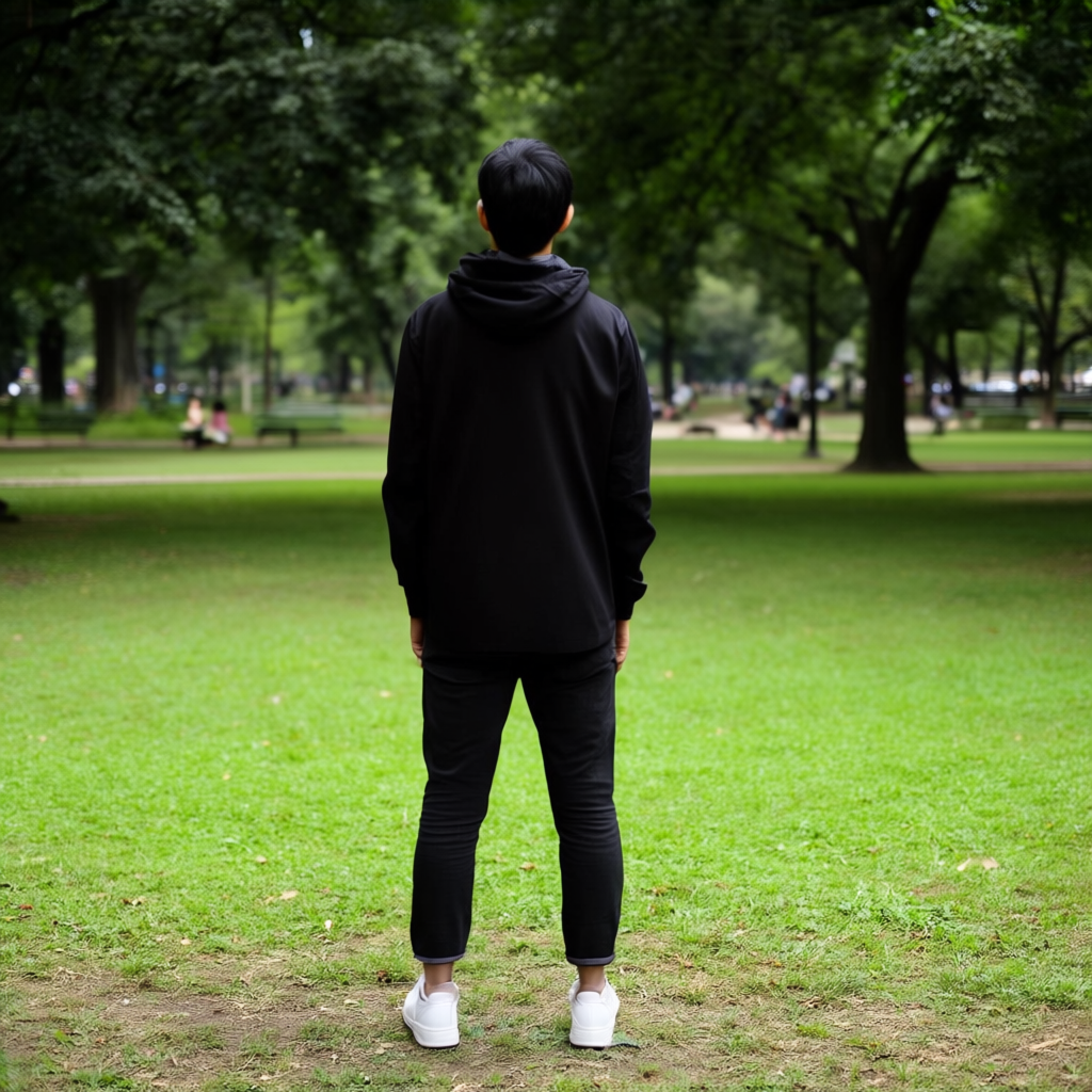 A person standing in a neutral pose in a park, full body vis
