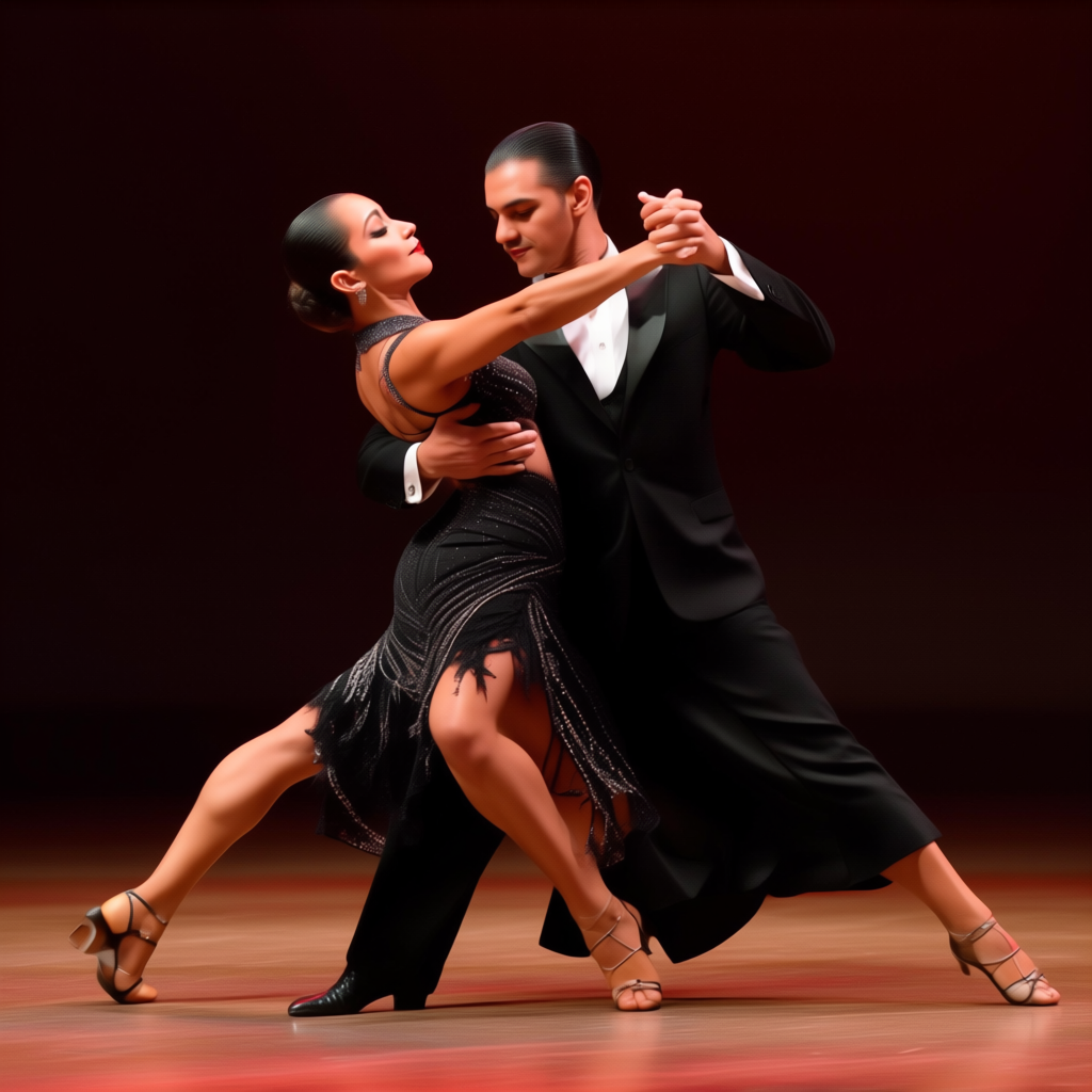Two tango dancers in a close embrace, the man dipping the wo