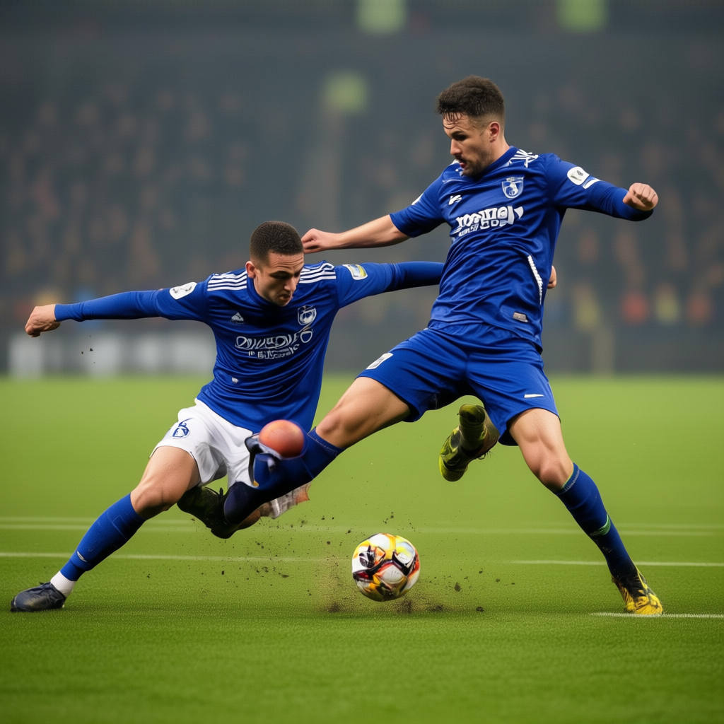 Two soccer players mid-tackle, one sliding and the other jum