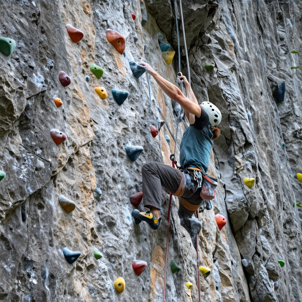 A rock climber clinging to a cliff face with arms and legs e