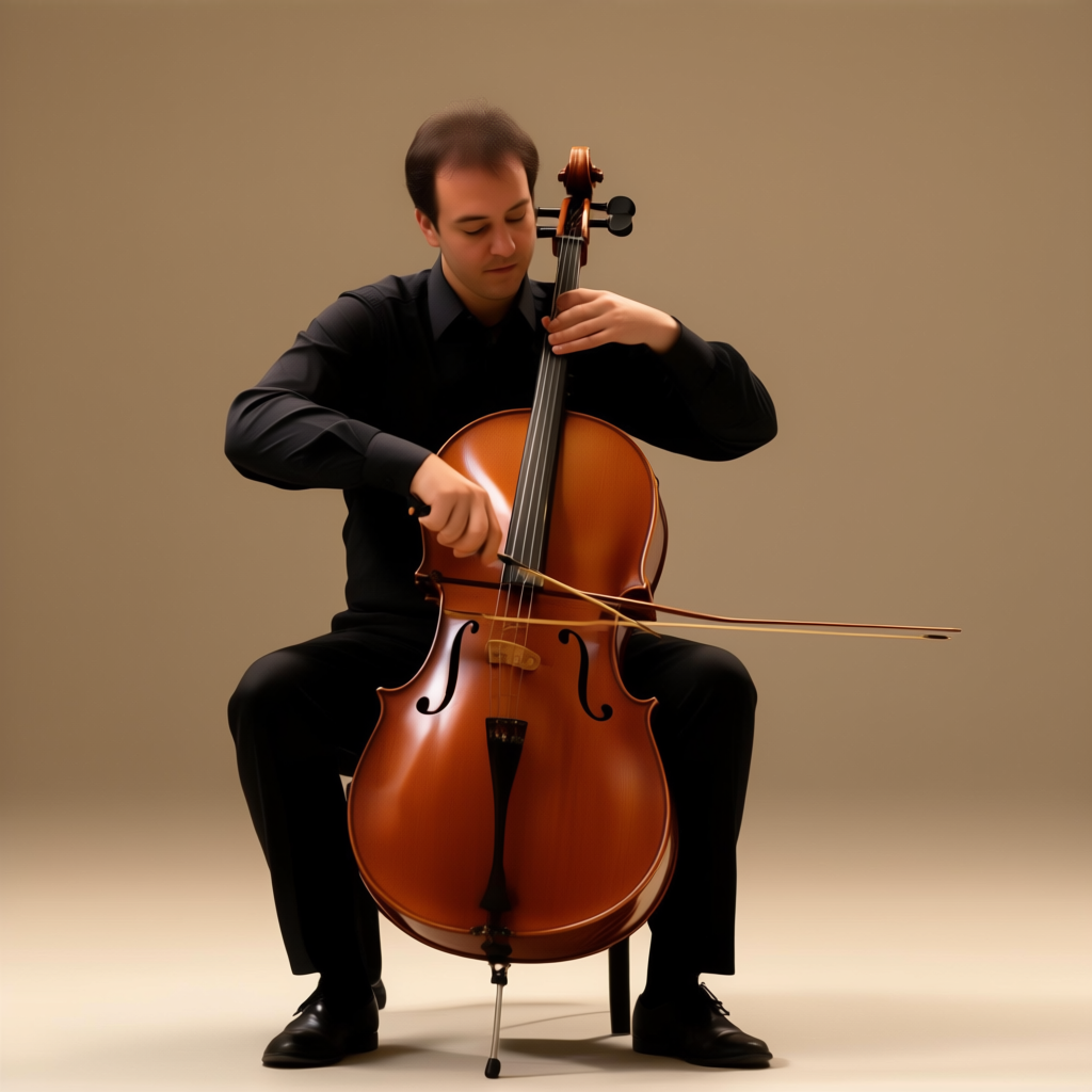 A cellist seated with correct posture, legs around the instr
