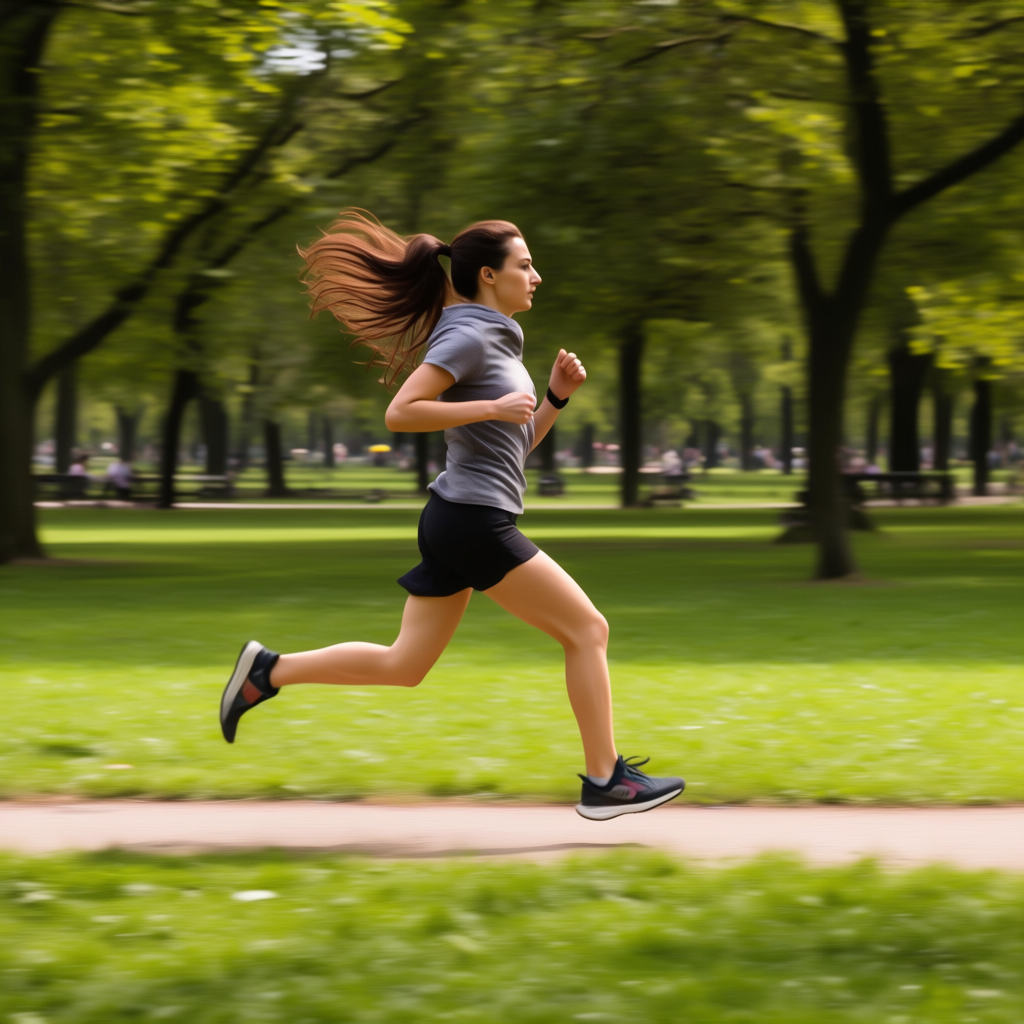 A woman mid-stride running through a park, hair and clothes 
