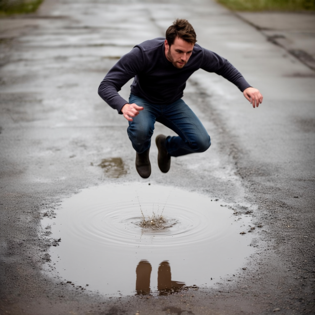 A man captured mid-jump over a puddle, body in the air with 