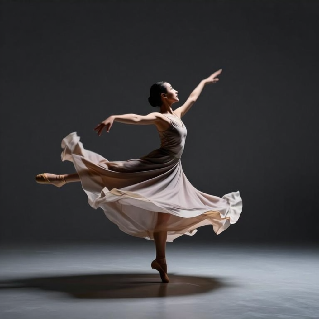 A dancer in a dynamic spin, dress flowing outward with one l