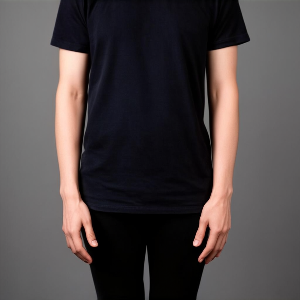 A person standing with both hands visible at their sides, fi