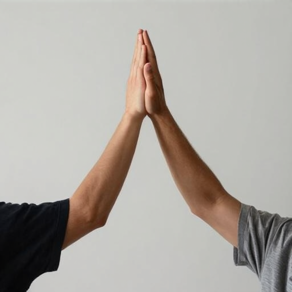 Two people doing a high-five, palms meeting with all fingers