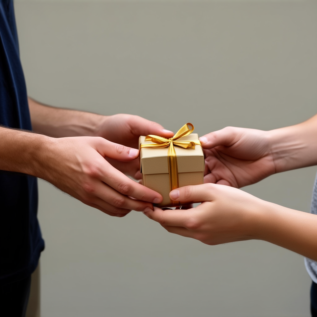 One person handing a small gift box to another person, both 