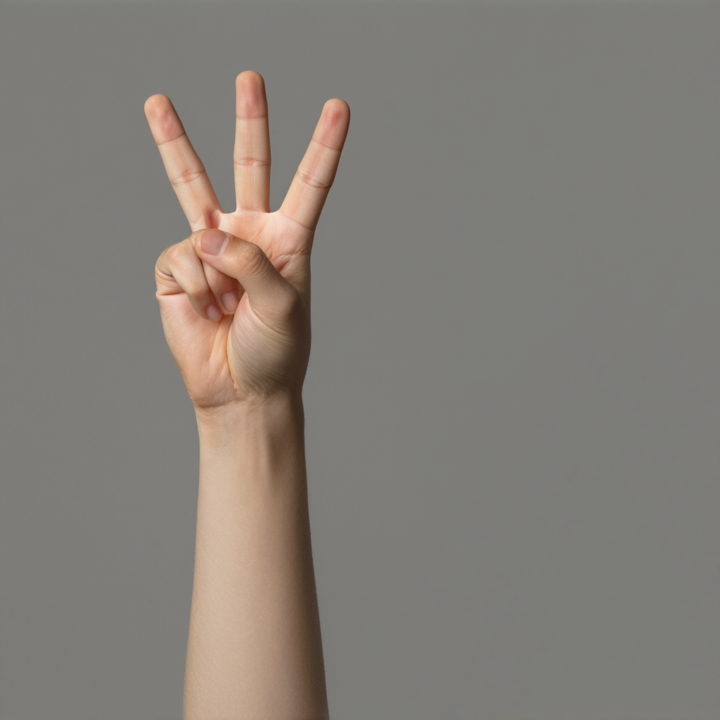 A person making a peace sign with their right hand, clearly 