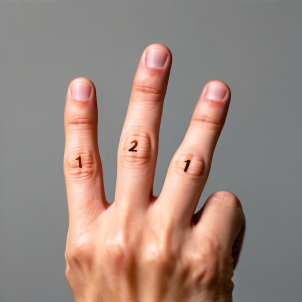 A person counting to three on their fingers, with index, mid