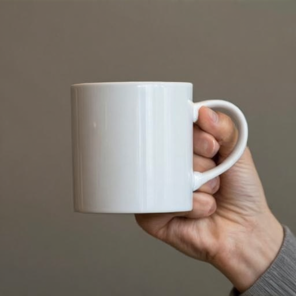 A person holding a white ceramic coffee mug by the handle wi