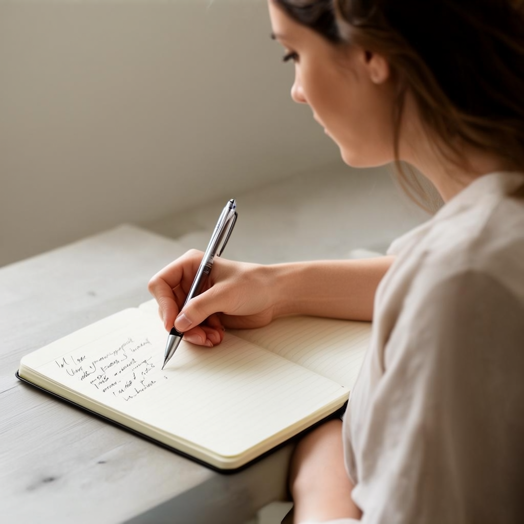 A woman writing in a notebook with a pen gripped correctly i