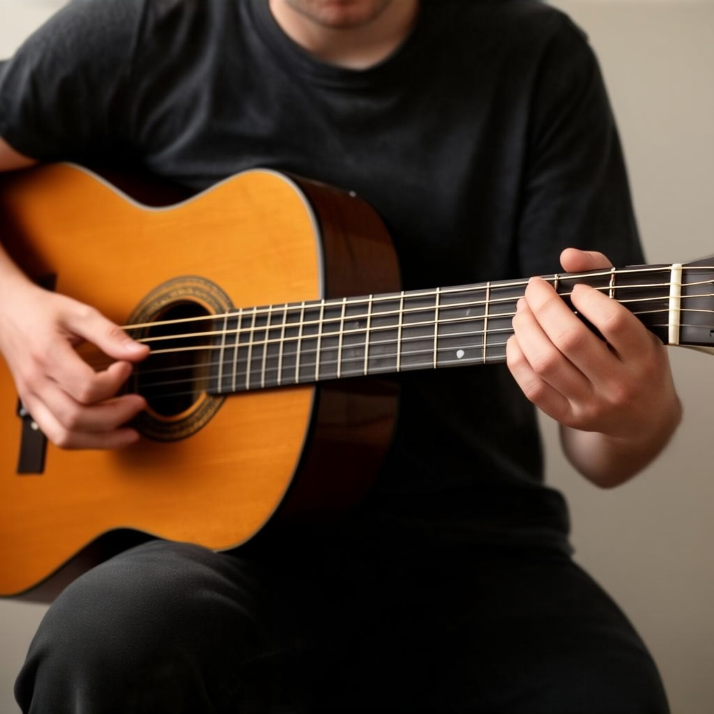 A person playing an acoustic guitar with left hand on the fr