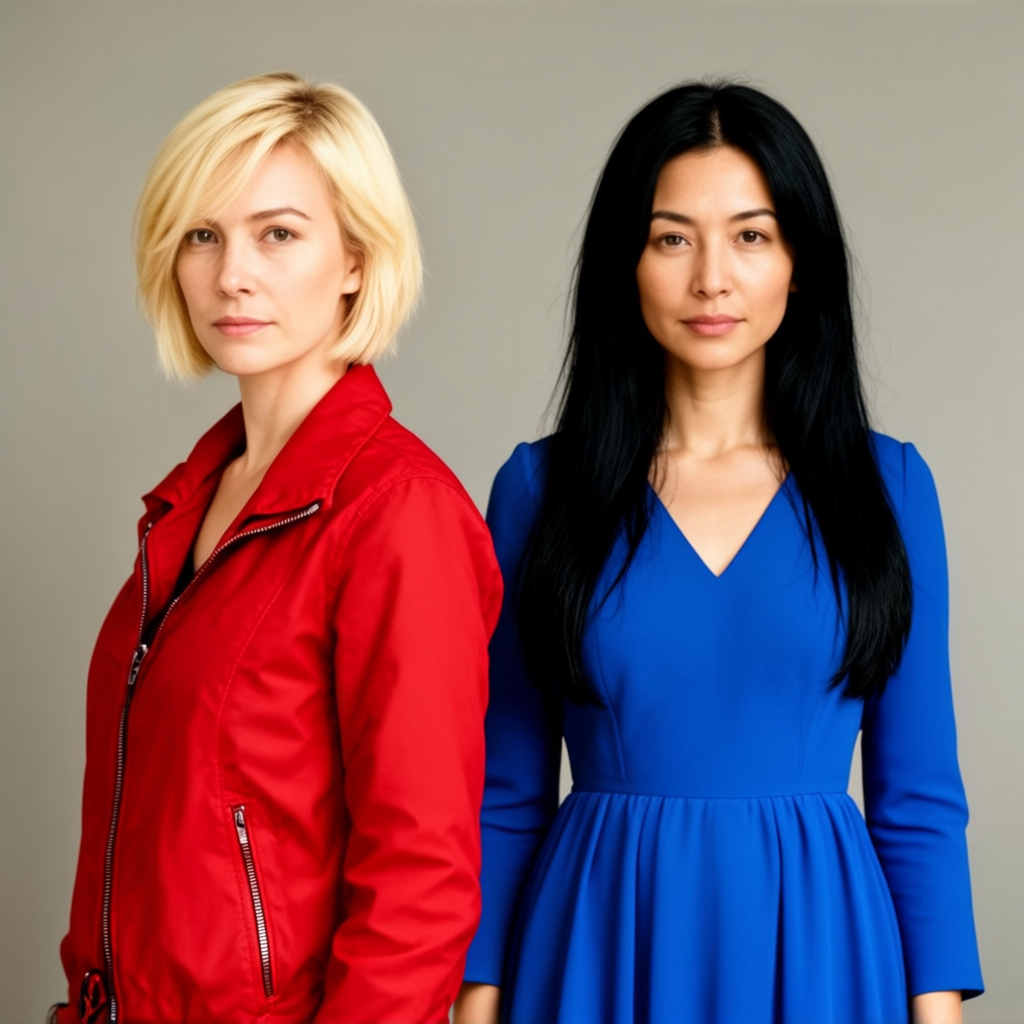 Two women standing side by side: one with short blonde hair 