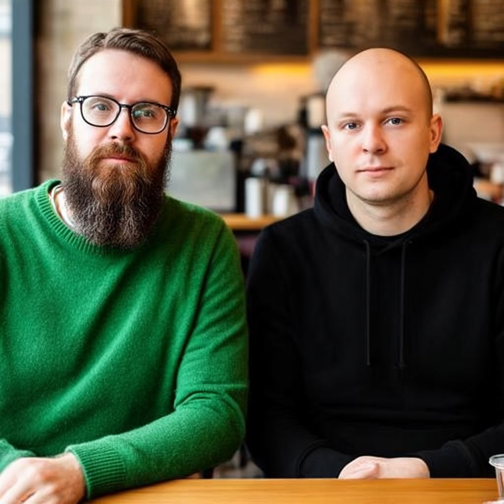 Two men at a cafe: one with a beard and glasses wearing a gr