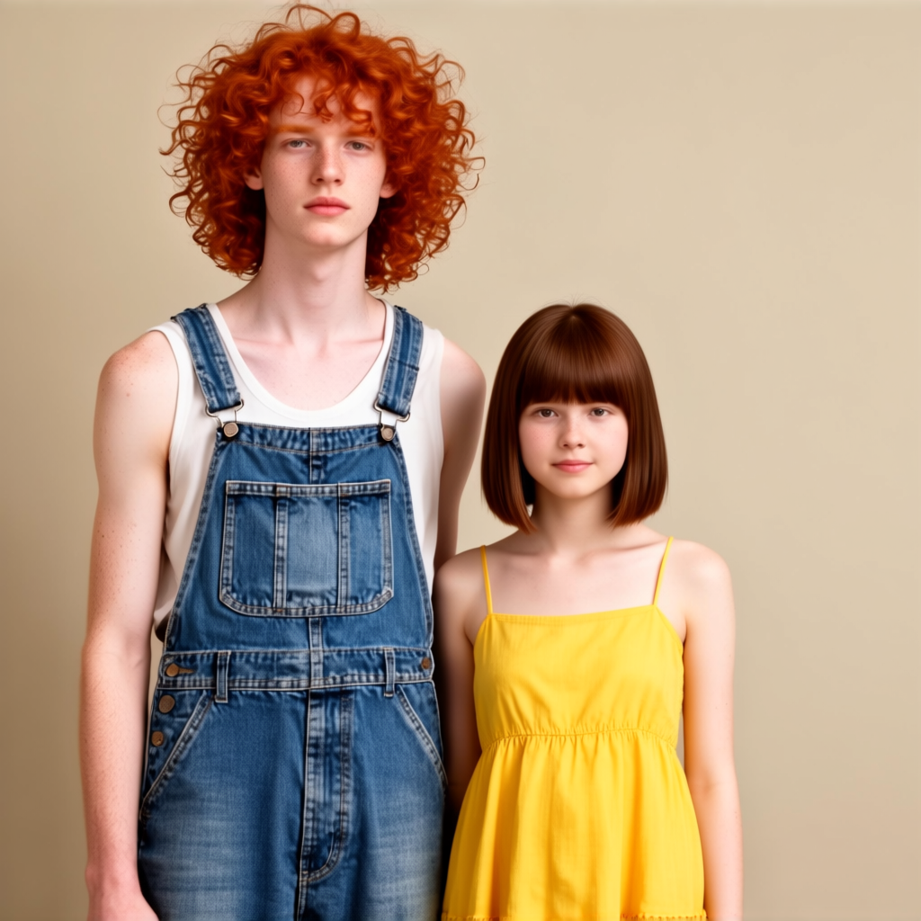 Two friends posing: one tall with curly red hair in denim ov