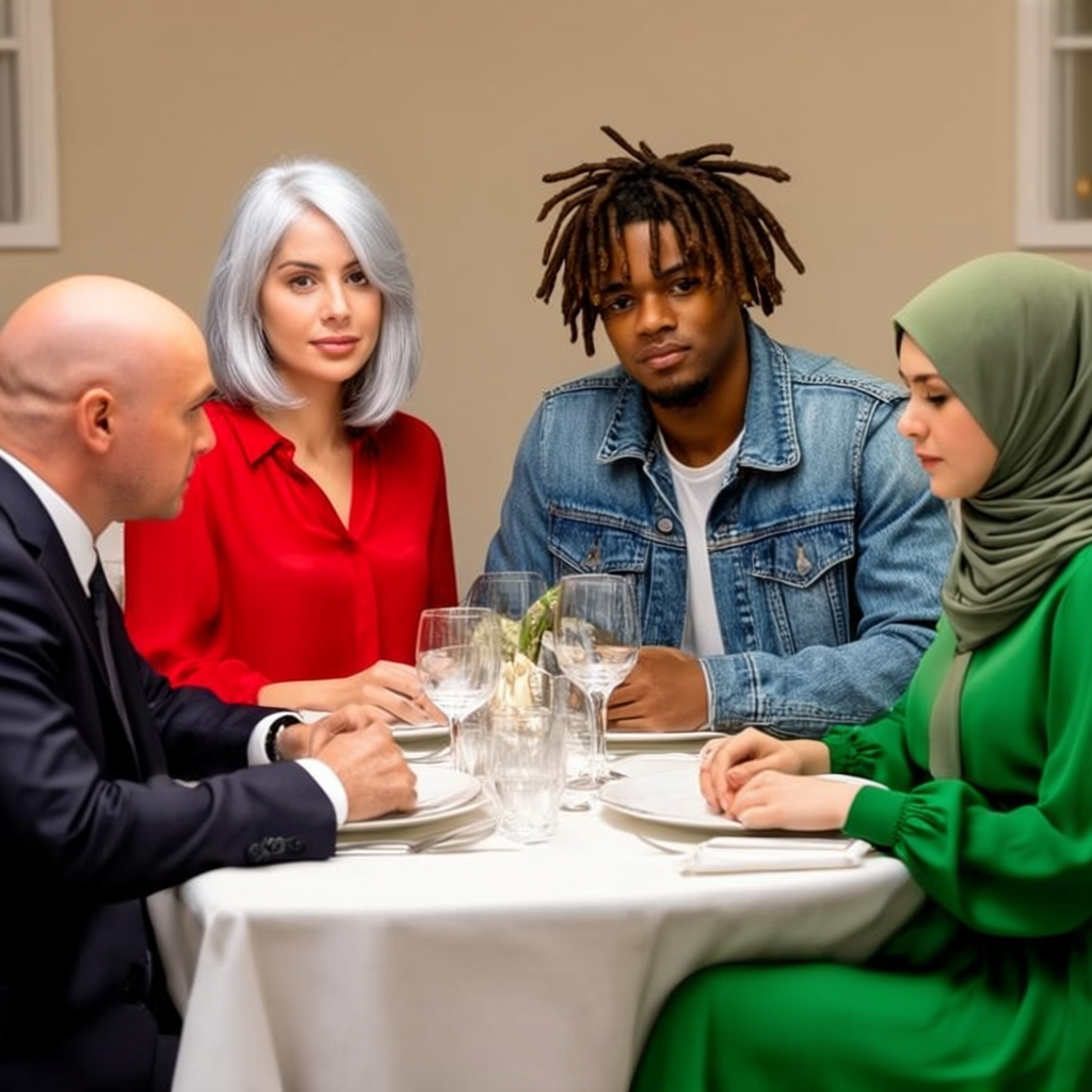 Four people at a dinner table: a bald man in a suit, a woman