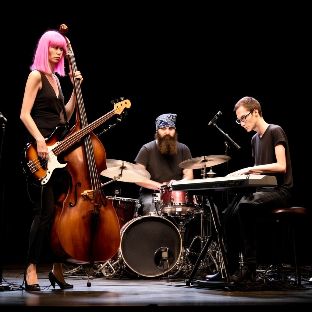 Three musicians on stage: a tall woman with short pink hair 