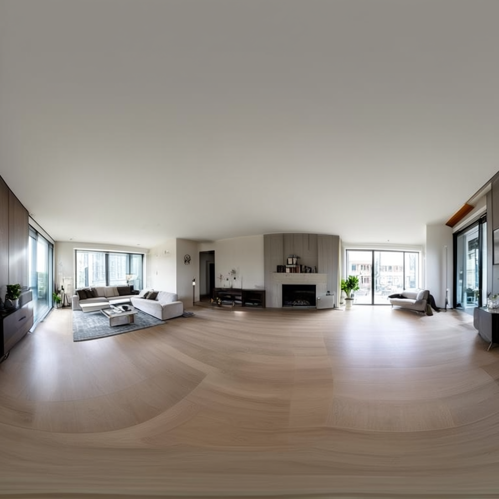 A wide-angle shot of a modern living room interior showing e
