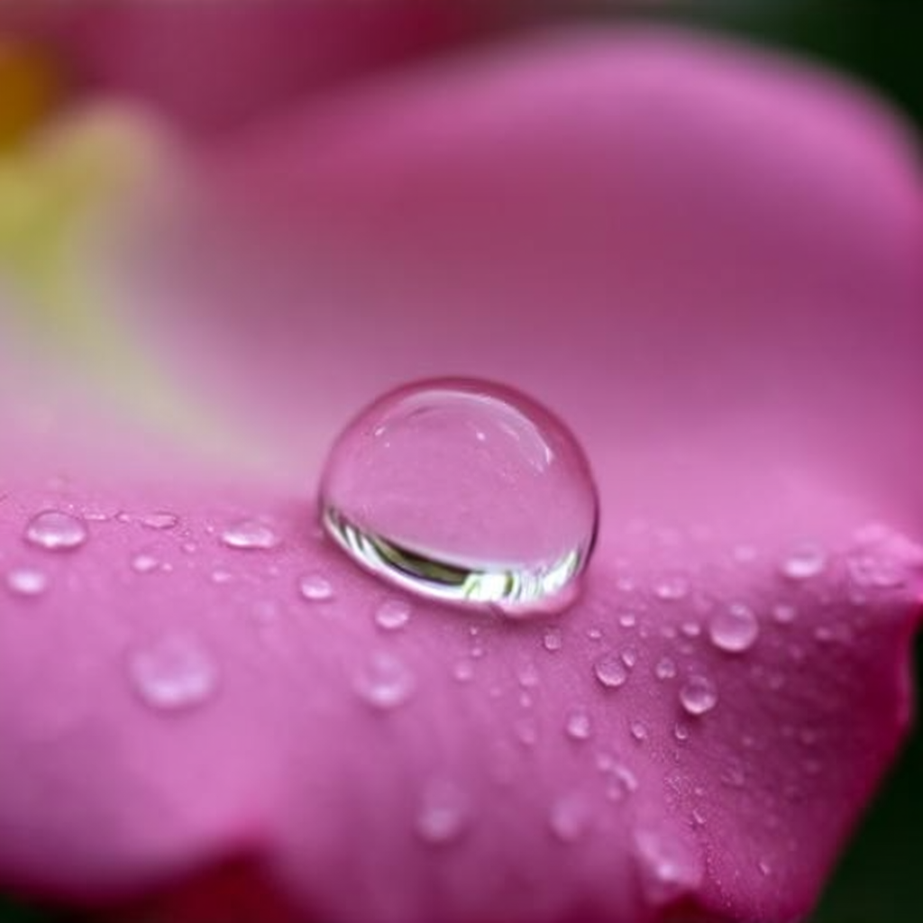A close-up macro shot of a single dewdrop on a rose petal, s