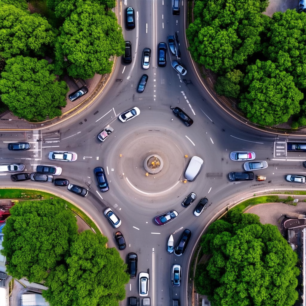 An aerial bird's-eye view looking straight down at a traffic