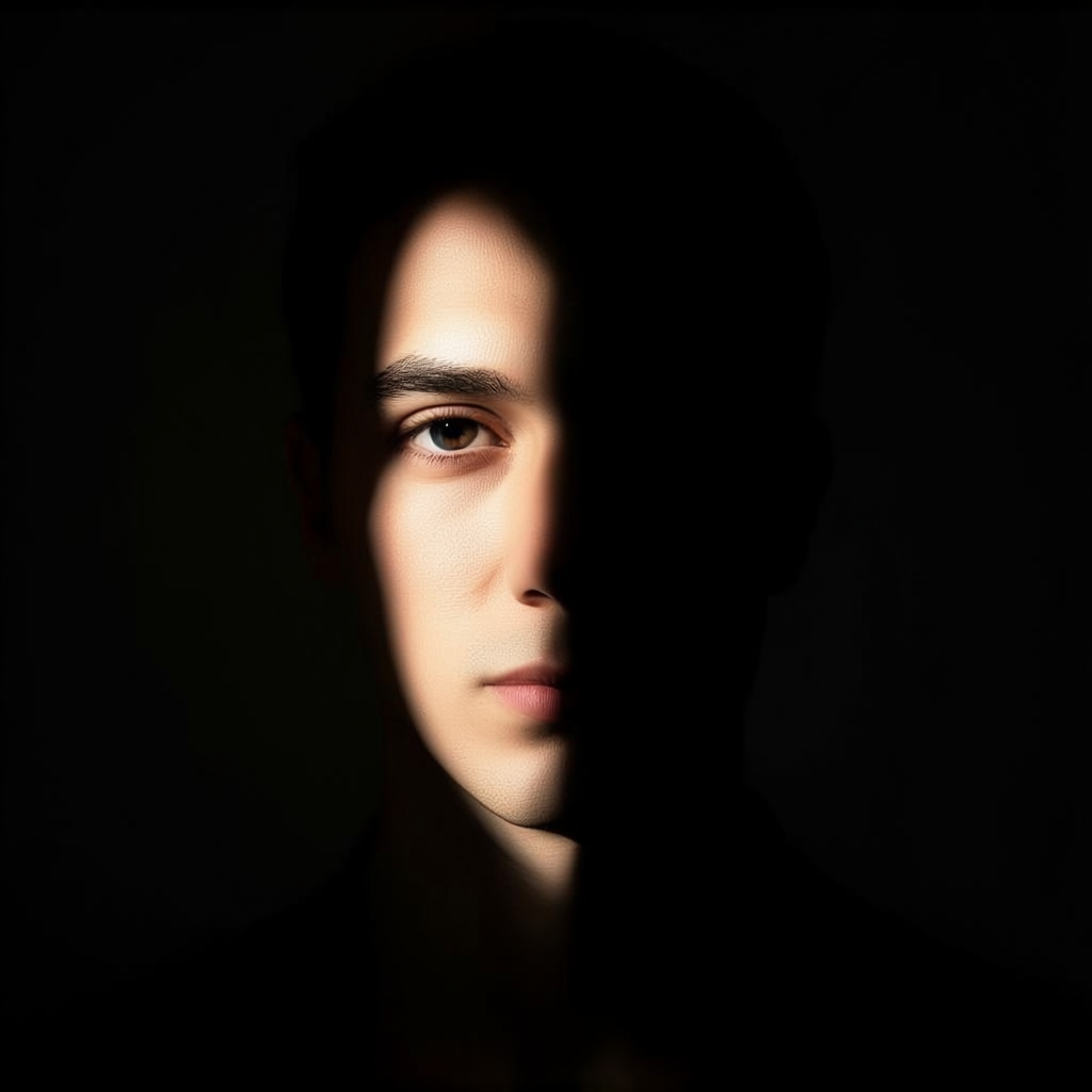 A portrait with dramatic split lighting — half the face brig