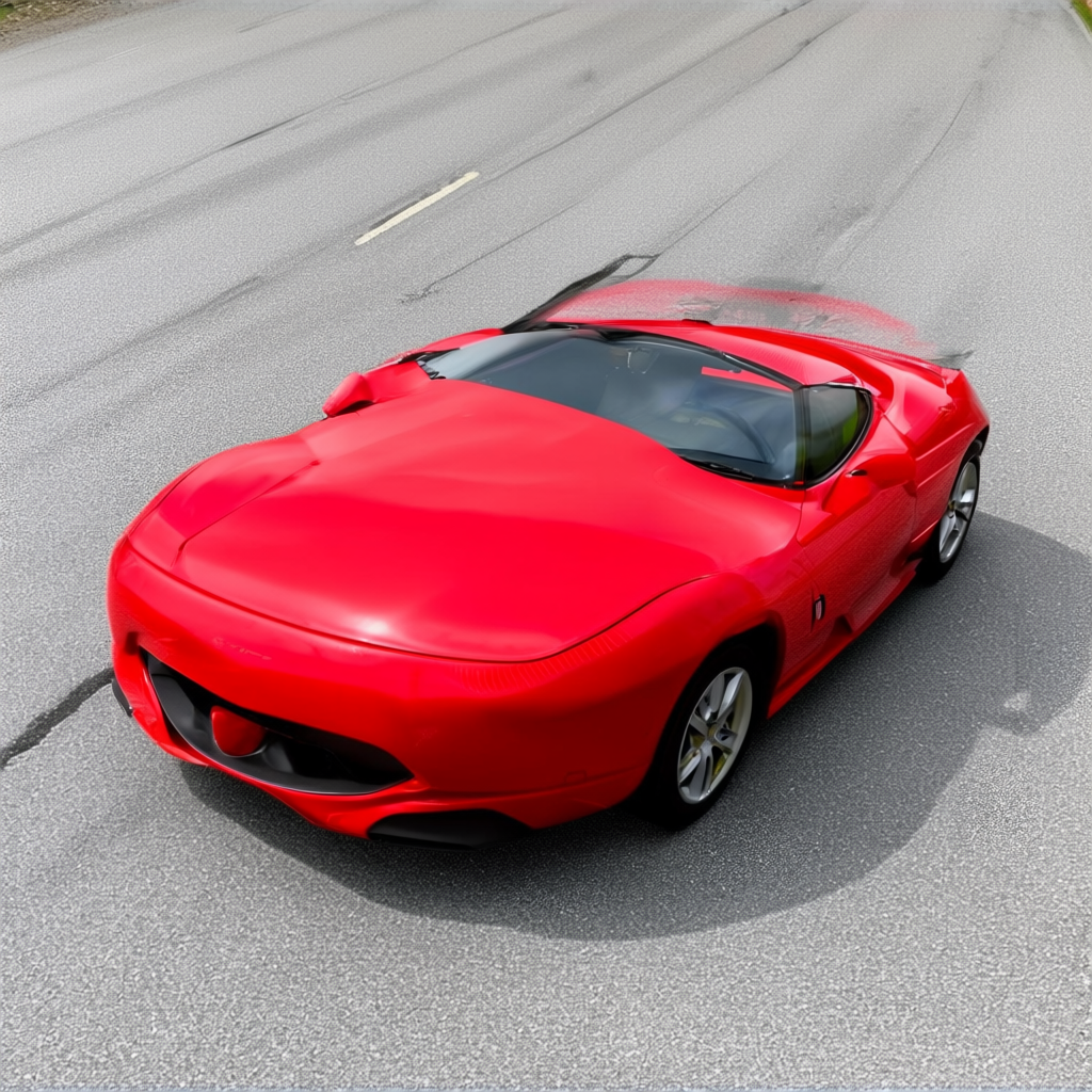 A bright red sports car parked on a gray asphalt road — the 