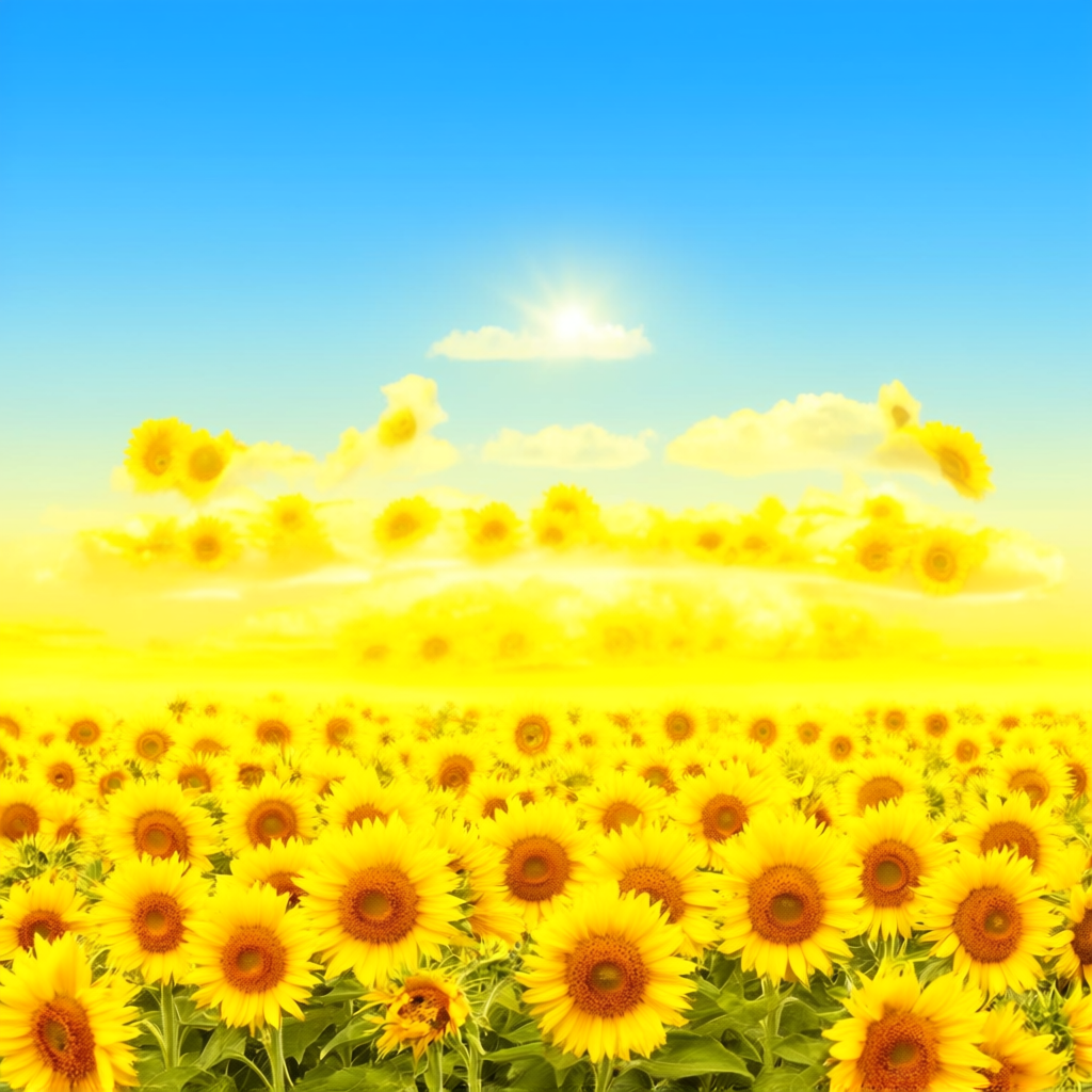 A field of pure sunflower yellow flowers under a clear blue 