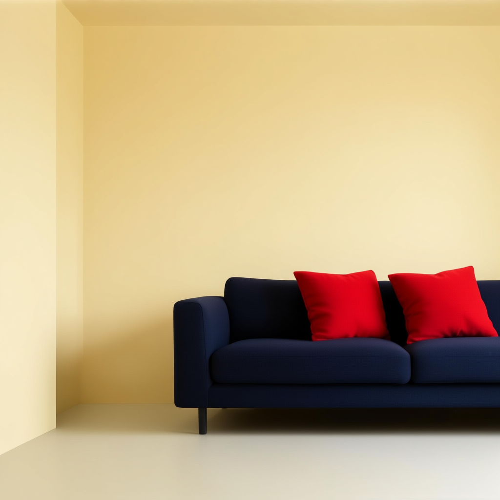 A minimalist room with walls in #F5E6CC (warm cream), a sofa