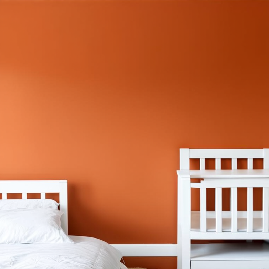 A bedroom wall painted in #FF6B35 (burnt orange) with white 