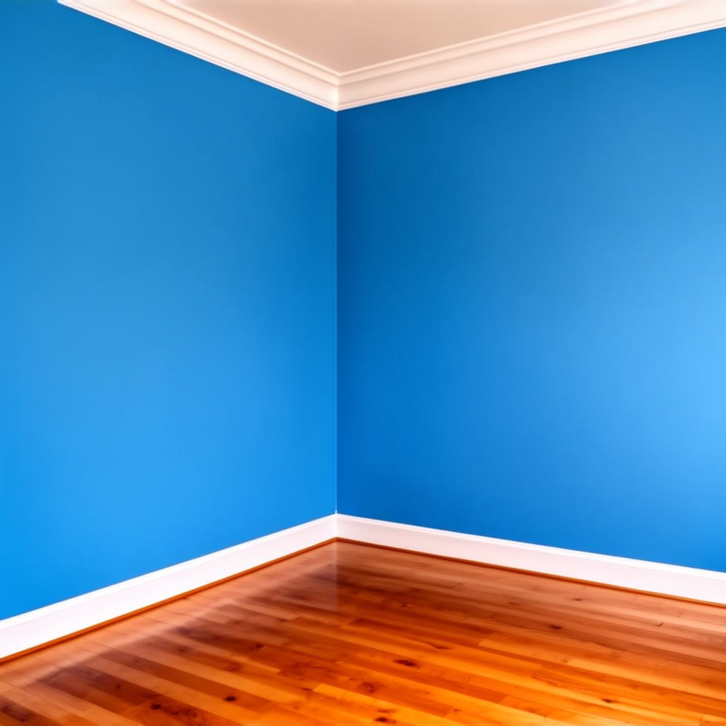 A room with walls in #4A90D9 (medium blue) with warm wooden 