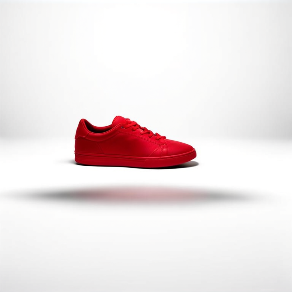 A single red sneaker on a clean white background with soft s