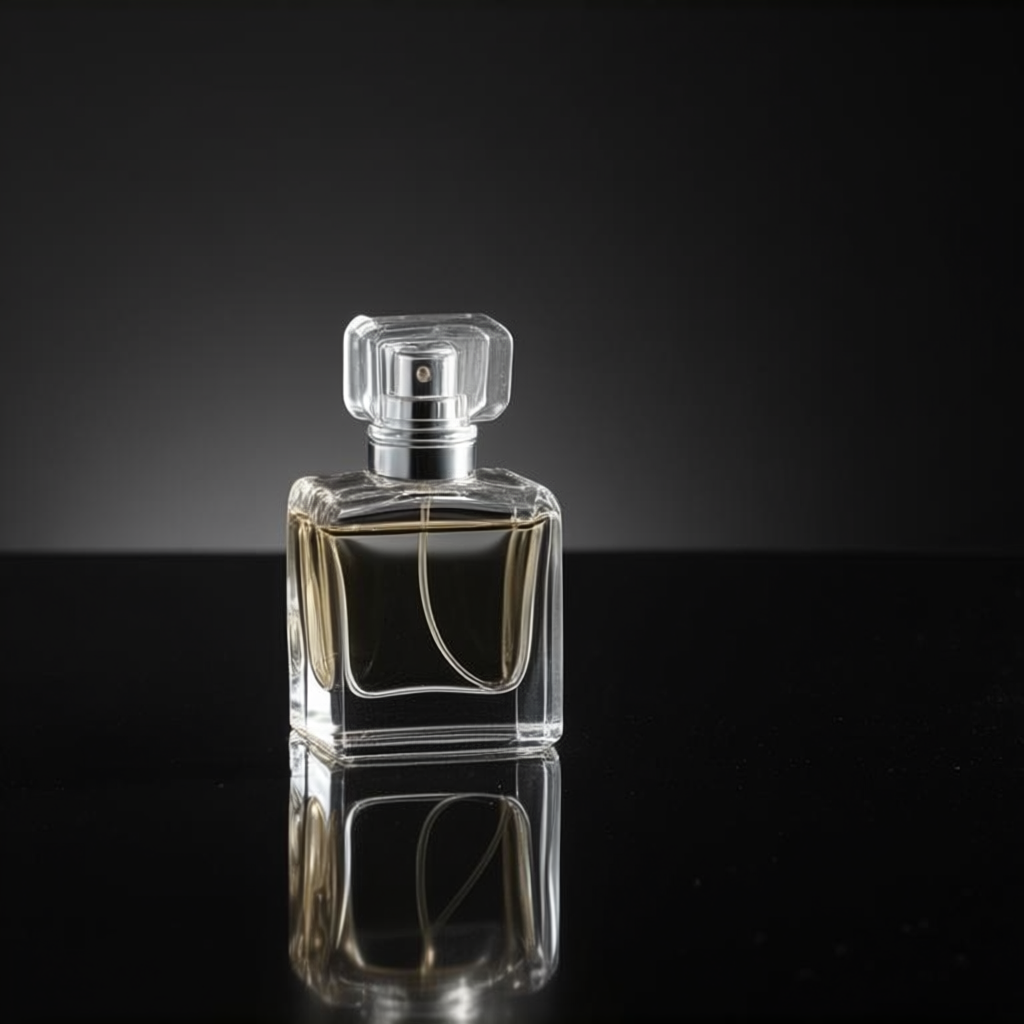 A clear glass perfume bottle on a reflective black surface w