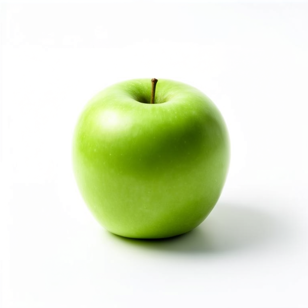 A ripe green apple on a seamless white background with soft 