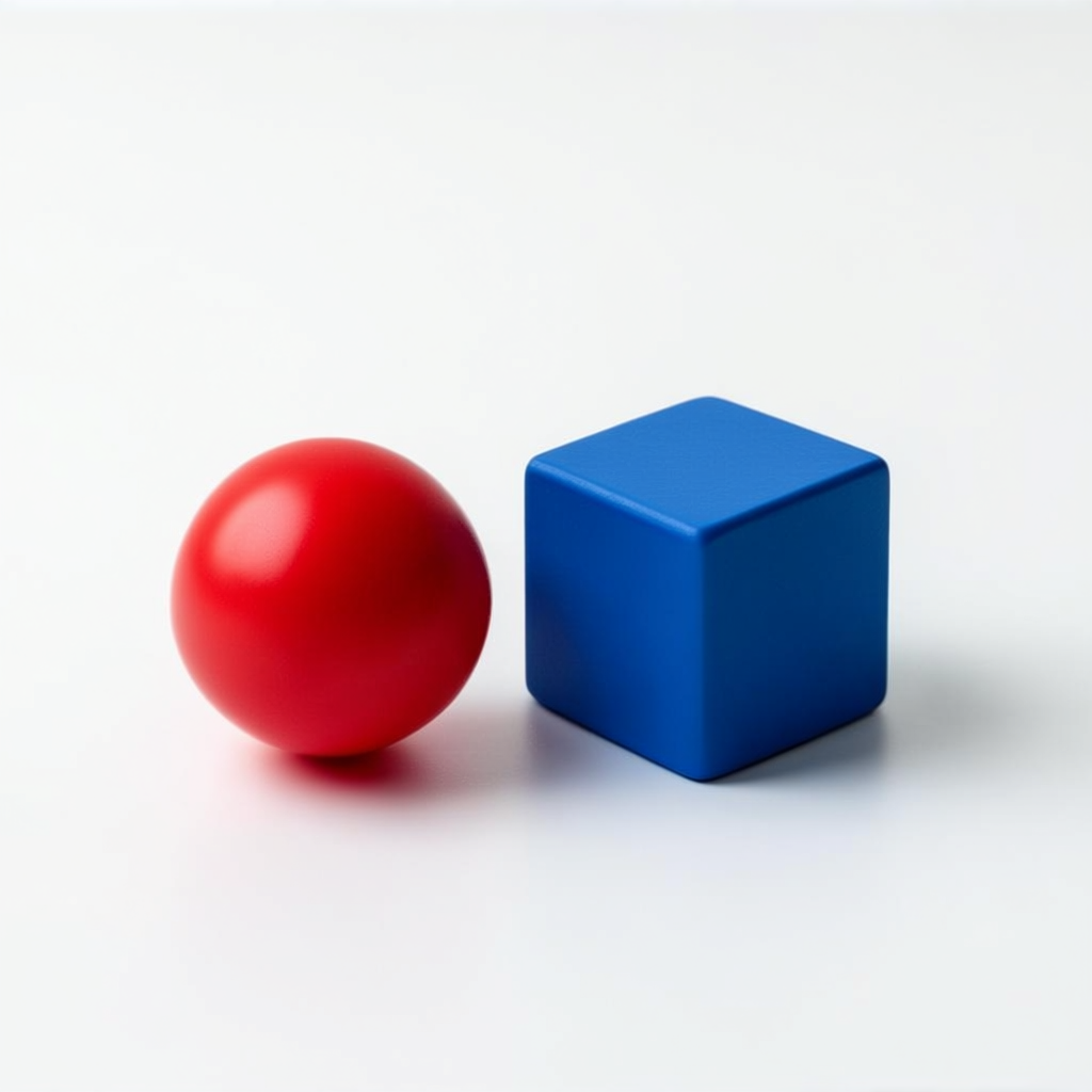 A red ball and a blue cube sitting side by side on a white s
