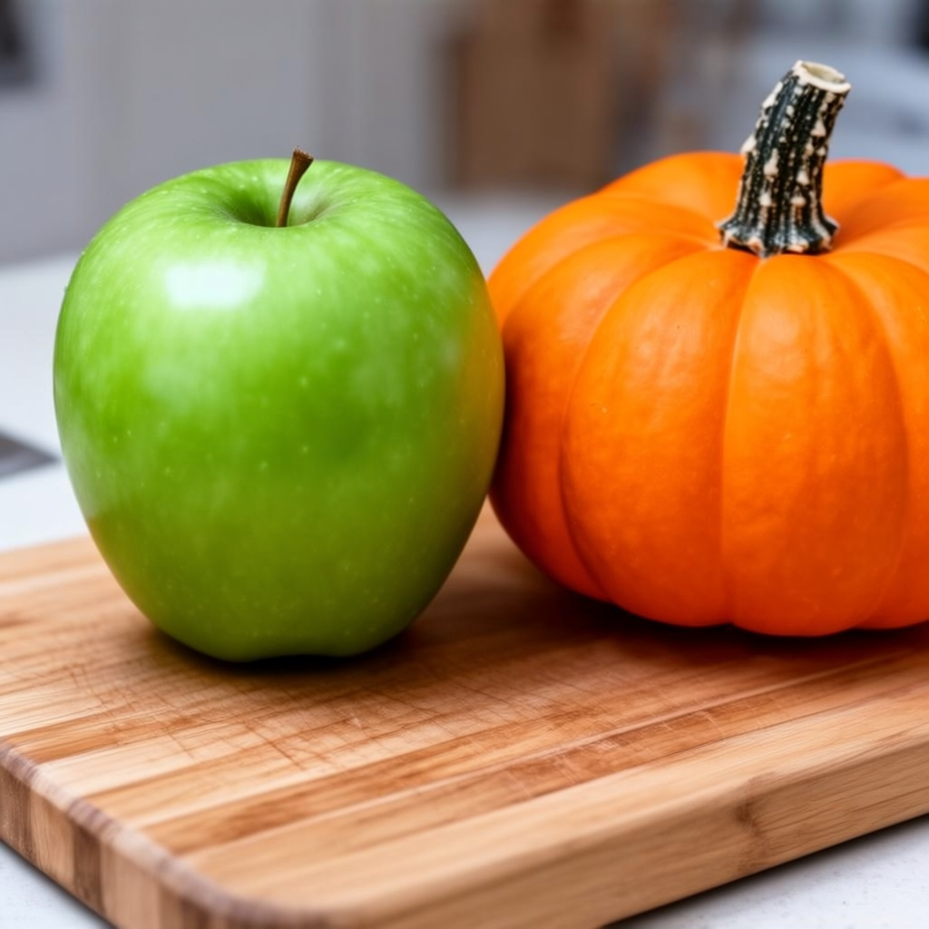 A green apple and an orange pumpkin on a wooden cutting boar