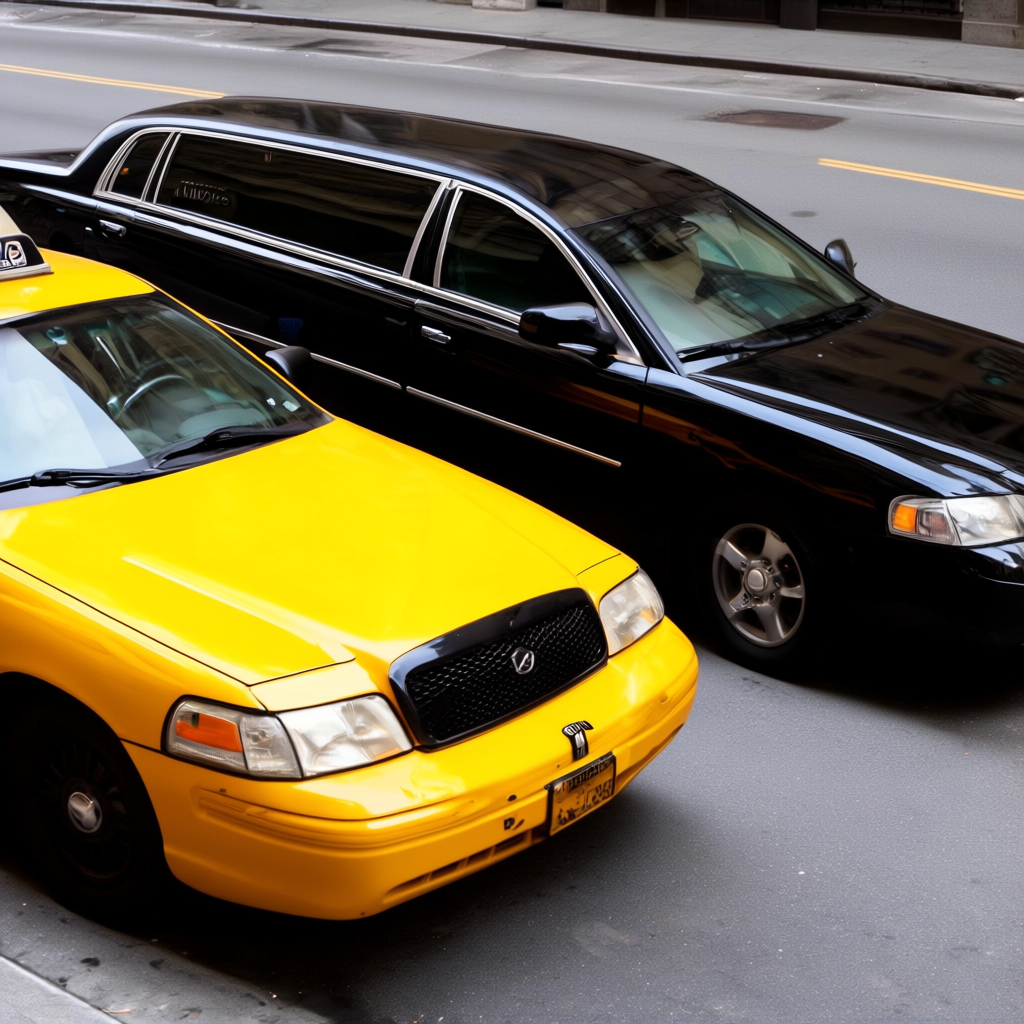 A yellow taxi and a black limousine parked next to each othe