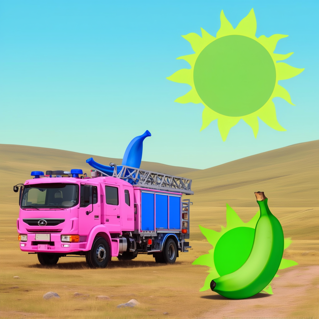 A pink fire truck, a blue banana, and a green sun in a surre