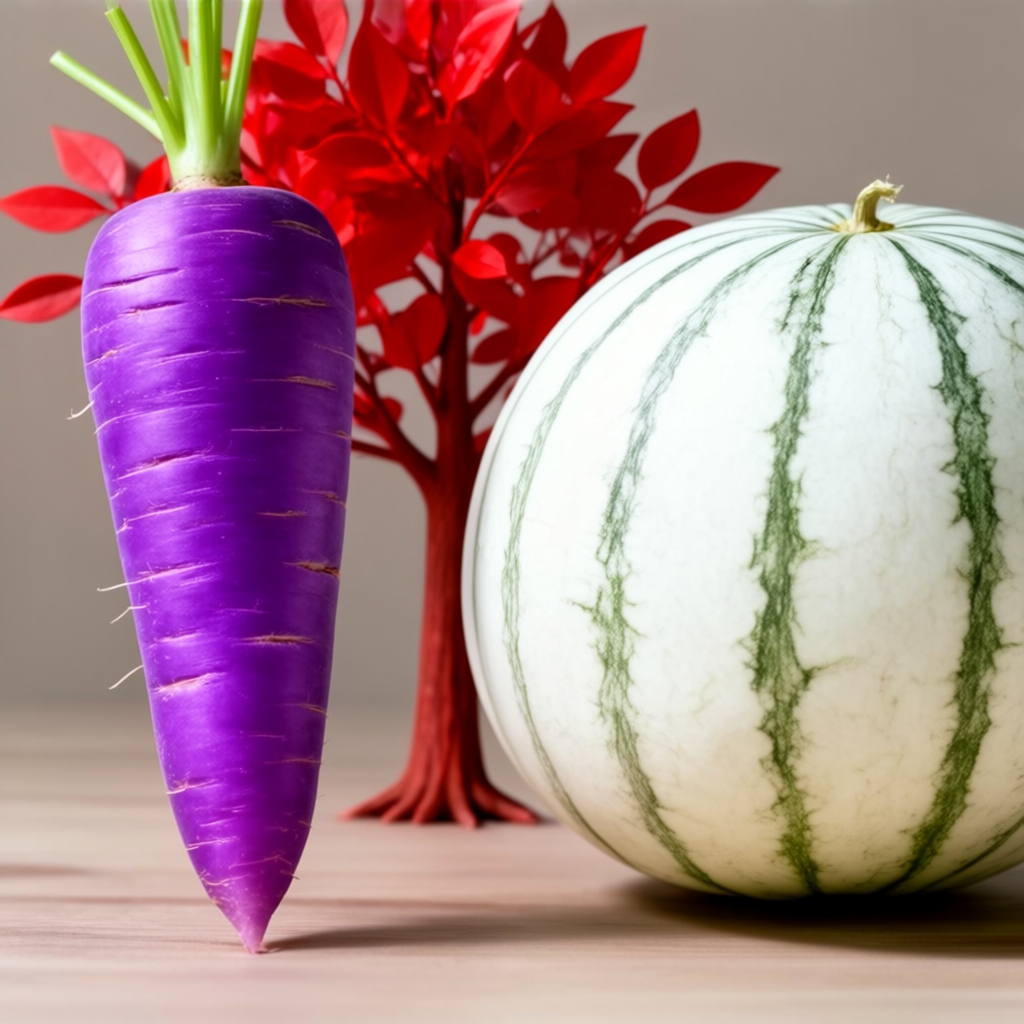 A purple carrot, a red tree with red leaves, and a white wat
