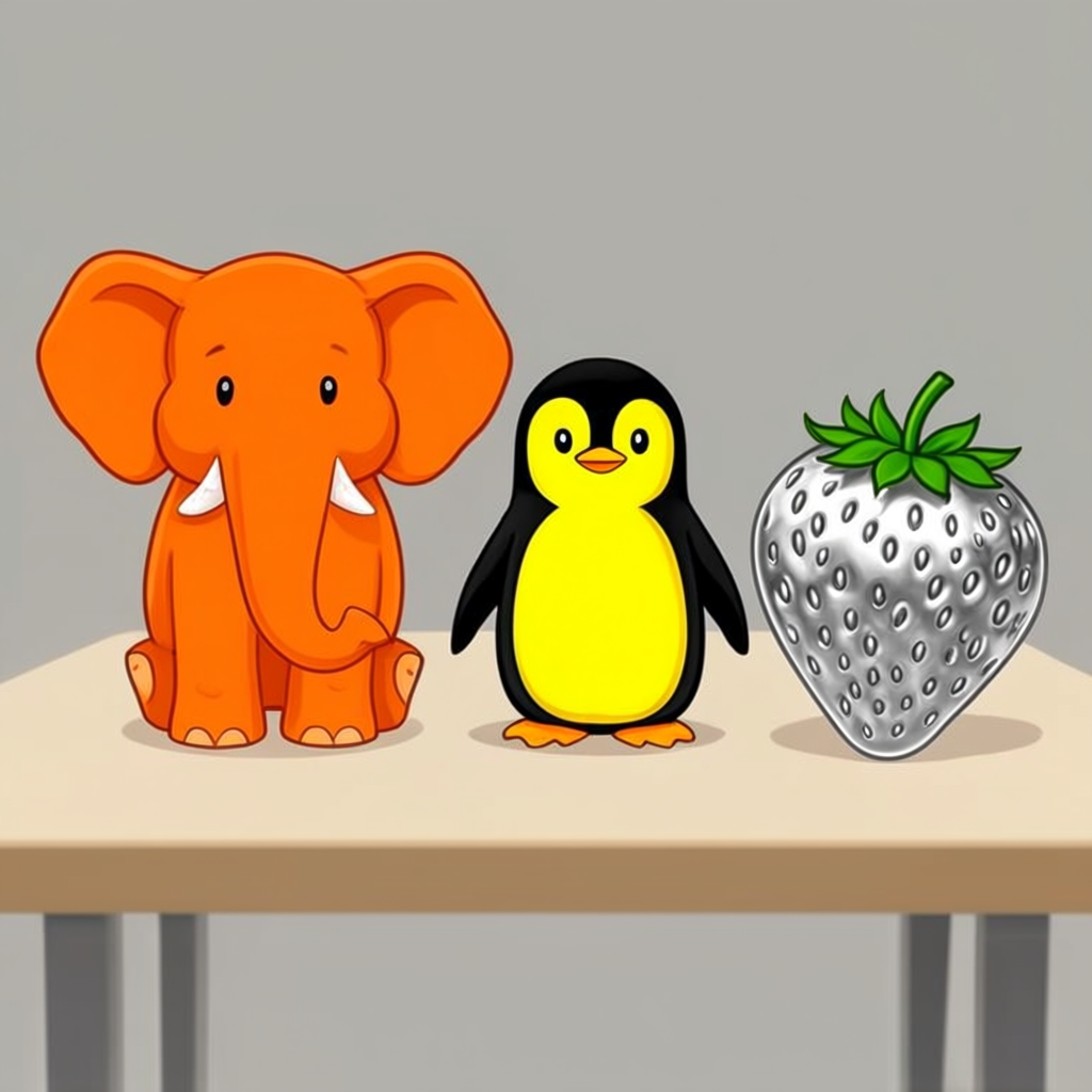 An orange elephant, a yellow penguin, and a silver strawberr